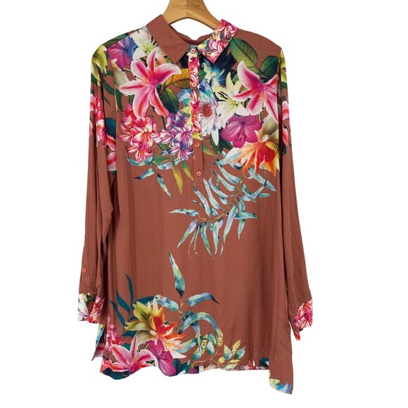 Soft Surroundings tunic top size medium womens tropical Floral Brown new - Picture 2 of 6